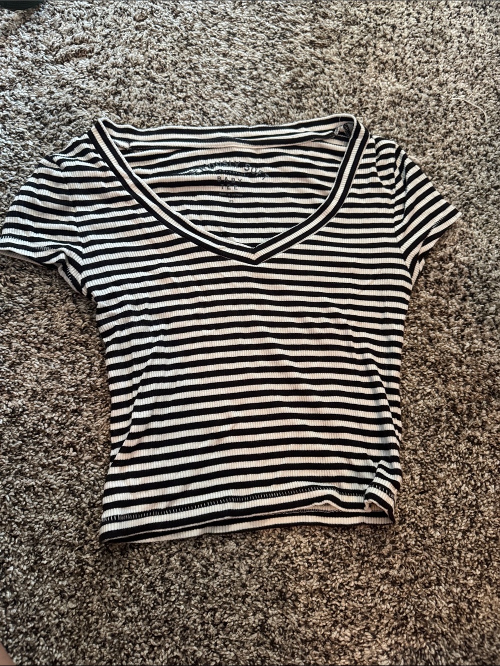 Aeropostale Black & White Striped V-Neck Crop Top